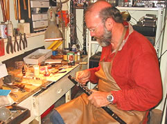 Chris McNeilly mending a flute in his workshop; before and after photos of saxophone